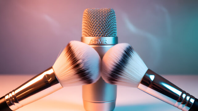 A silver microphone with ASMR engraved on it, surrounded by two makeup brushes on a colorful background