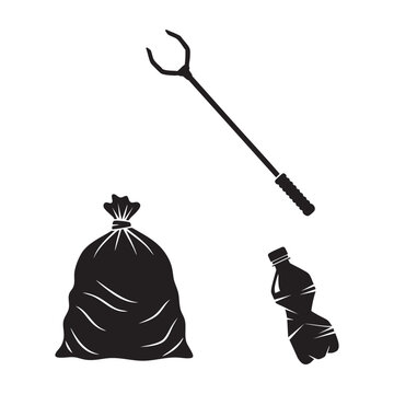 Beach cleanup icons with litter picker and trash bags