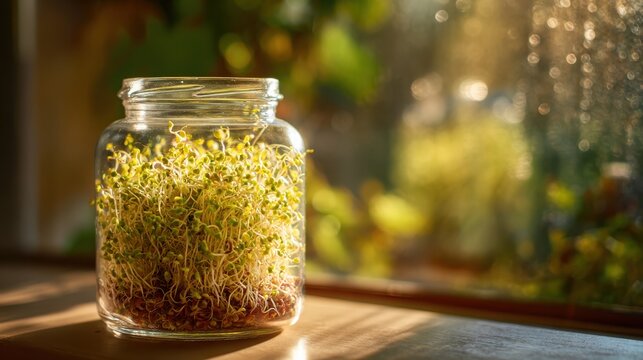 Vibrant green sprouted seeds actively germinating within a clear glass jar, bathed in natural sunlight