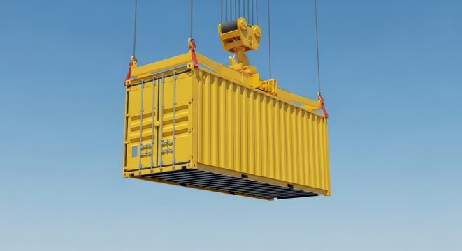 A large yellow shipping container suspended from a crane against a clear blue sky, with a cityscape in the background.