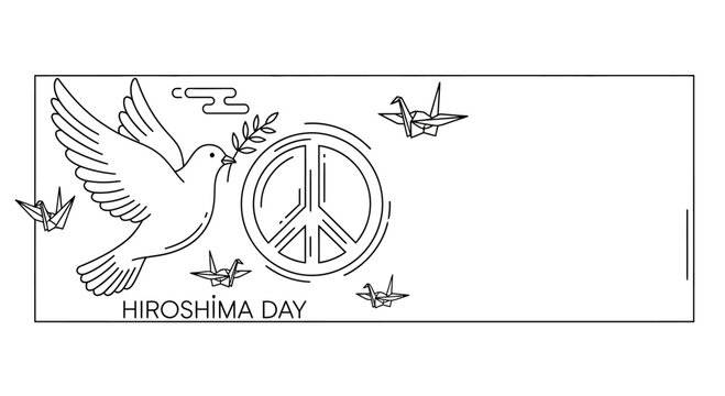 Hiroshima Day memorial illustration featuring a peace dove and origami cranes.