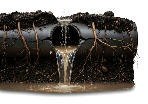 Broken underground pipe leaking water into soil with visible roots growing around it