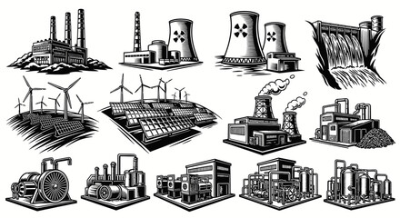 Naklejka premium Industrial Power Plant and Renewable Energy Generation Vector Set