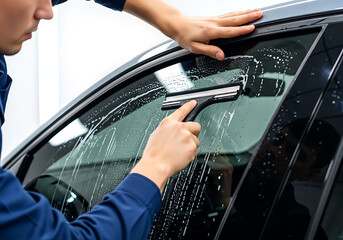 Naklejka premium Closeup of a person carefully cleaning a car window with a squeegee and water spray
