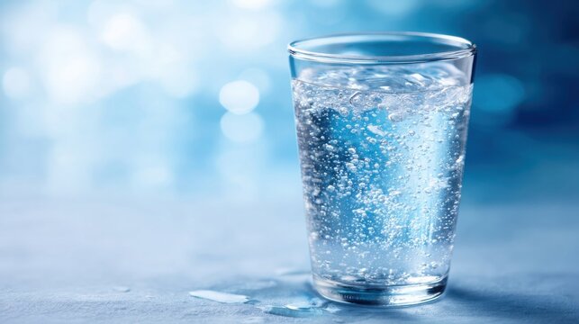 Glass of Sparkling Mineral Water with Effervescent Bubbles and Sunlight Reflections