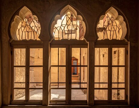 Interior view of an archway with three arched windows, framed by ornate latticework, overlooking an outdoor courtyard