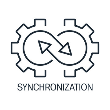 Gears and arrows symbolize a continuous cycle. Process synchronization. Coordinated system operation. Vector linear icon illustration isolated on white background.