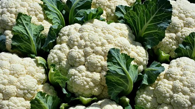 Fresh cauliflower heads with green leaves.