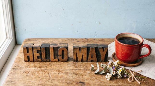 Hello May Wooden Blocks on Table with Coffee and Wildflowers