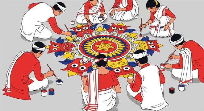 People in traditional attire collaboratively painting a large, intricate, colorful rangoli or alpana design on the ground during a cultural event or festival.