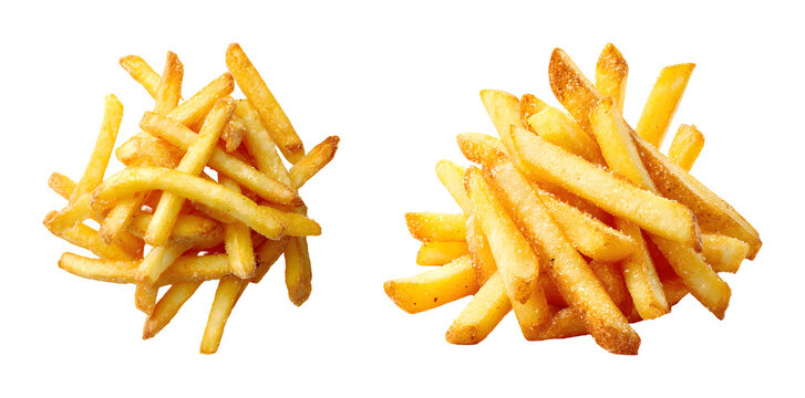 Crispy golden French fries piles for fast food menu design PNG set isolated on transparent background
