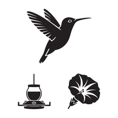 Garden bird icons with hummingbird feeder and a flower © MAHEDI