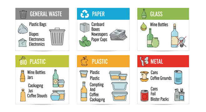 Waste sorting guide with 6 recycling categories, colorful trash separation labels for paper, glass, plastic, and metal, eco-friendly garbage management vector