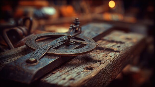 Aged Brass Astrolabe Resting on Weathered Wooden Surface, Evoking History and Navigation