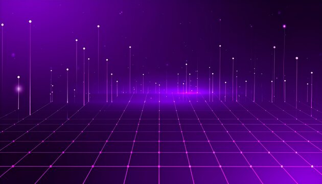 A futuristic purple grid landscape with neon lines and lights