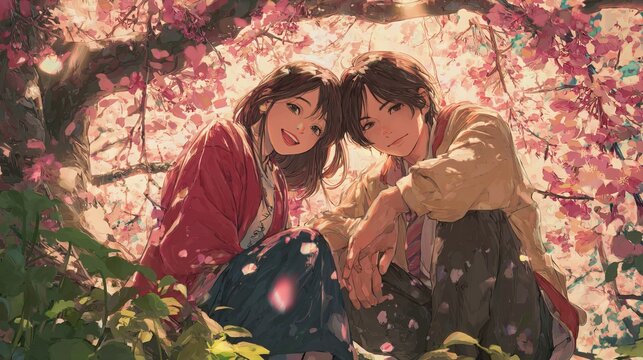 Young anime couple sitting beneath blooming cherry blossoms, joyful smile and gentle gaze, soft dappled sunlight, dreamy painterly illustration with glowing petals