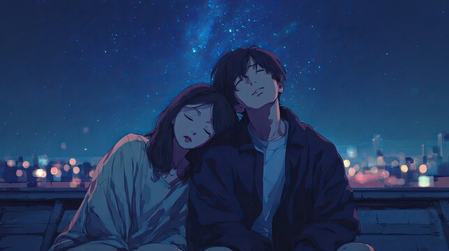 Young couple sitting close on rooftop at night, woman in flowing light dress resting on man shoulder, starry sky, glowing city skyline, peaceful anime style illustration