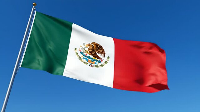Bandera de M&eacute;xico ondeando orgullosamente en el cielo azul, s&iacute;mbolo nacional para celebraciones del Cinco de Mayo, patriotismo mexicano y contenido editorial o publicitario.