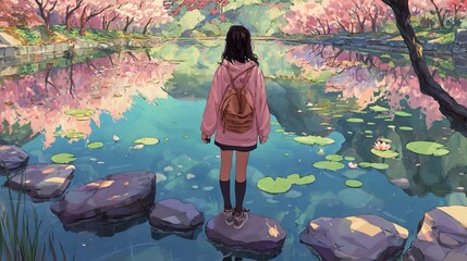 Teenage girl standing on stepping stones by tranquil cherry blossom lake, back view with pink sweater and canvas backpack, drifting petals, bright spring afternoon, dreamy painterly illustration