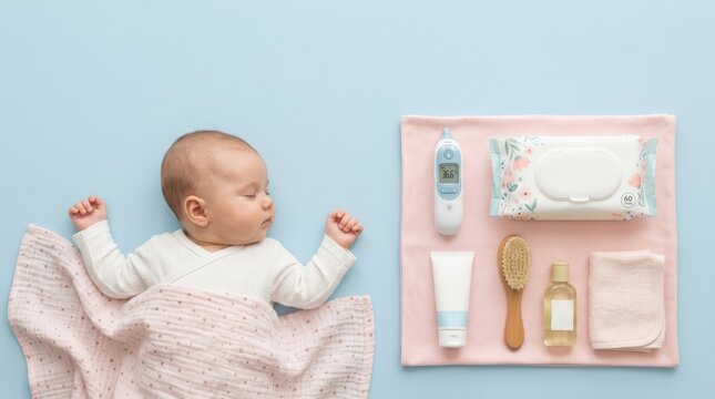 A baby rests peacefully on a soft blanket with grooming and care items placed neatly around