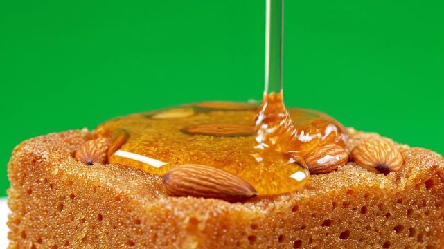 Honey Pouring on Semolina Cake with Almonds on Green Screen