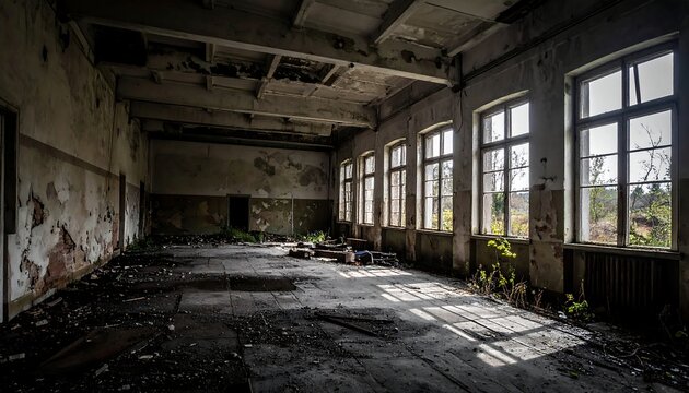 Interior view of an abandoned building. Sunlight streams through windows, illuminating dilapidated walls and debris on the floor. The scene feels desolate