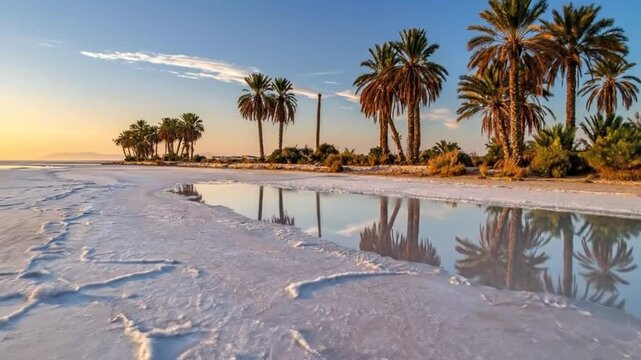 Scenic view of a tranquil oasis with palm trees reflecting in the calm water under a clear sky.