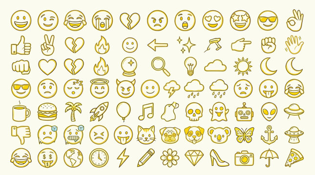 A large collection of yellow emoji icons with a gold outline, featuring a wide variety of expressions, objects, and symbols.