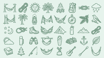 A collection of hand-drawn icons representing various outdoor activities, camping gear, and nature elements, presented in a consistent, simple line art style. © KN collection