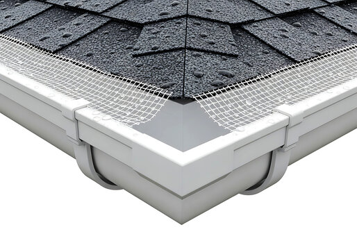 Closeup view of a white plastic roof gutter corner with mesh guard under shingles