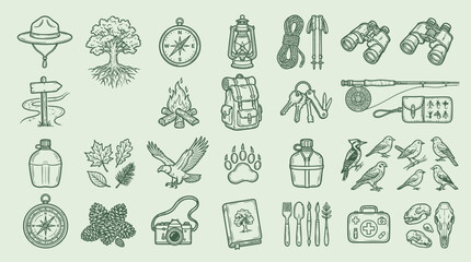 A comprehensive collection of hand-drawn illustrations depicting various outdoor adventure and camping essentials, including nature elements and wildlife. © KN collection
