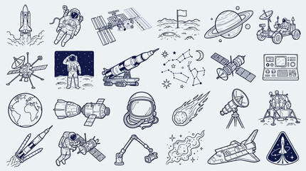 A collection of hand-drawn illustrations depicting various elements of space exploration and astronomy, including rockets, astronauts, planets, and celestial bodies. © KN collection