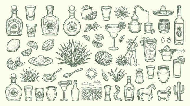 A comprehensive collection of hand-drawn illustrations depicting the entire process of tequila production, from agave plants to finished cocktails.