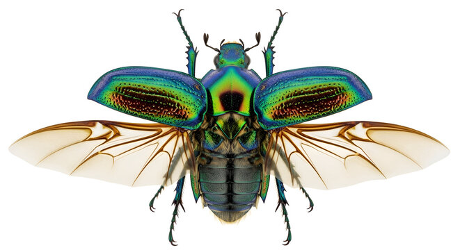 Iridescent green and blue beetle with wings spread open