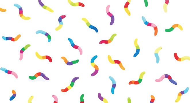 Colorful gummy worm candies arranged in a repeating pattern vector graphic illustration for sweet food designs