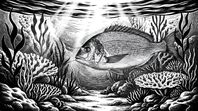 Detailed monochrome illustration of a fish, showcasing intricate textures and aquatic elements in the background.