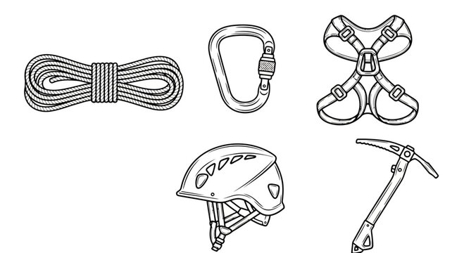 Set of essential climbing and mountaineering gear, including rope, harness, helmet, carabiner, and ice axe, for safe outdoor adventure sports