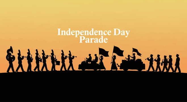 Silhouette of a festive Independence Day parade with musicians and marching band members.
