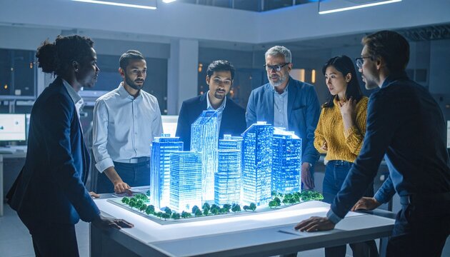Group of Diverse Architects and Engineers Examining a Glowing Futuristic 3D City Model at Night Meeting in Modern Urban Development Studio
