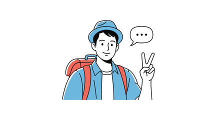 Fototapeta premium Young male traveler with a red backpack and blue hat smiles while making a peace sign gesture during his journey and adventure.