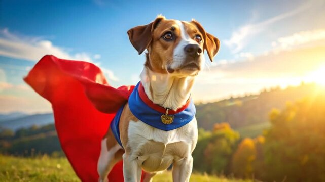 A heroic dog stands proudly in a vibrant field, wearing a cape, ready to save the day.
