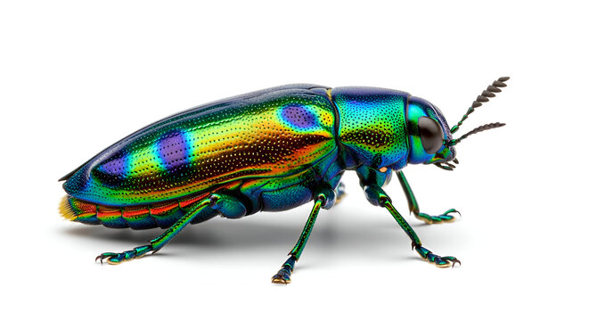 Iridescent jewel beetle with metallic rainbow colors on white background