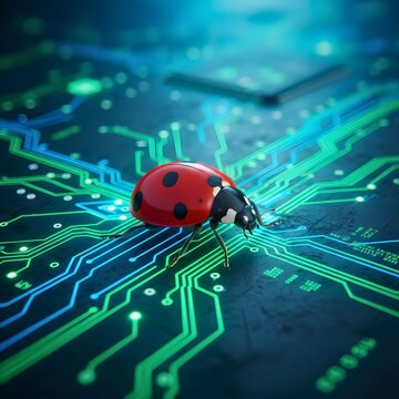 Digital Ladybug on Glowing Green Circuit Board representing Eco-friendly Technology 
