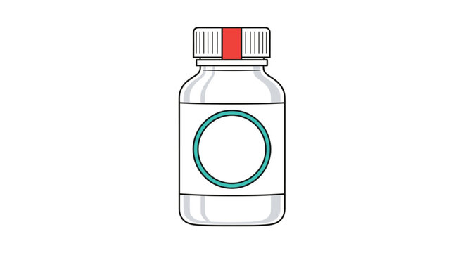 Plastic pill bottle with a teal circular label and a white cap featuring a red safety stripe is isolated on a white background.