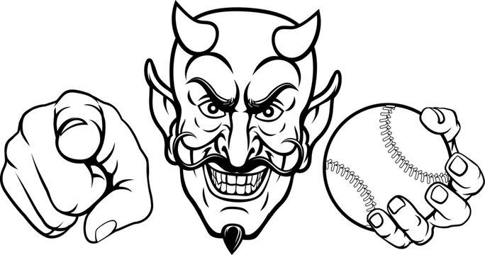 A devil man holding baseball ball and pointing sports team mascot illustration.
