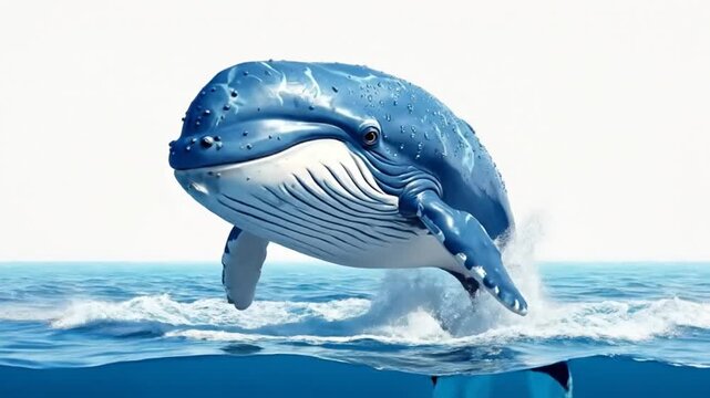 A cheerful cartoon whale swims in the ocean, creating splashes and bubbles in the water.