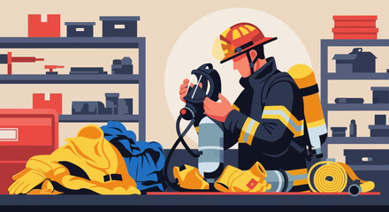 Fototapeta premium Firefighter Preparing Breathing Apparatus and Rescue Gear