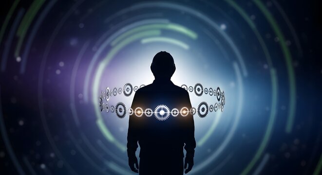 A captivating conceptual visualization of an individual's presence within a complex technological landscape, symbolizing data, connection, and digital identity in a futuristic setting