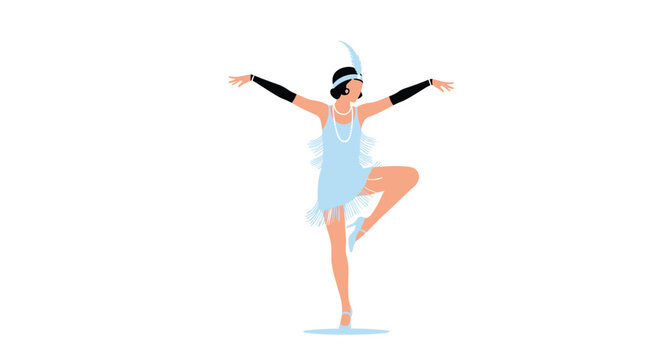 Energetic flapper girl in a light blue fringe dress and headband performing a classic nineteen-twenties dance move in silhouette.