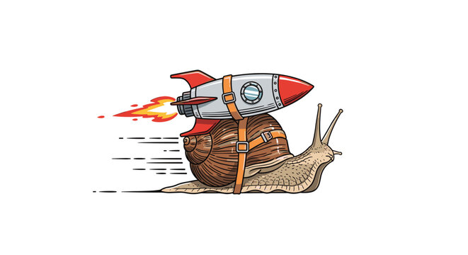 Humorous illustration of a slow snail moving at high speed with a large rocket booster strapped to its back with leather belts.